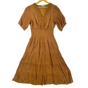 J GEE Women Rust Brown Crochet Lace Trim Smocked Waist Tiered Midi Dress 1X